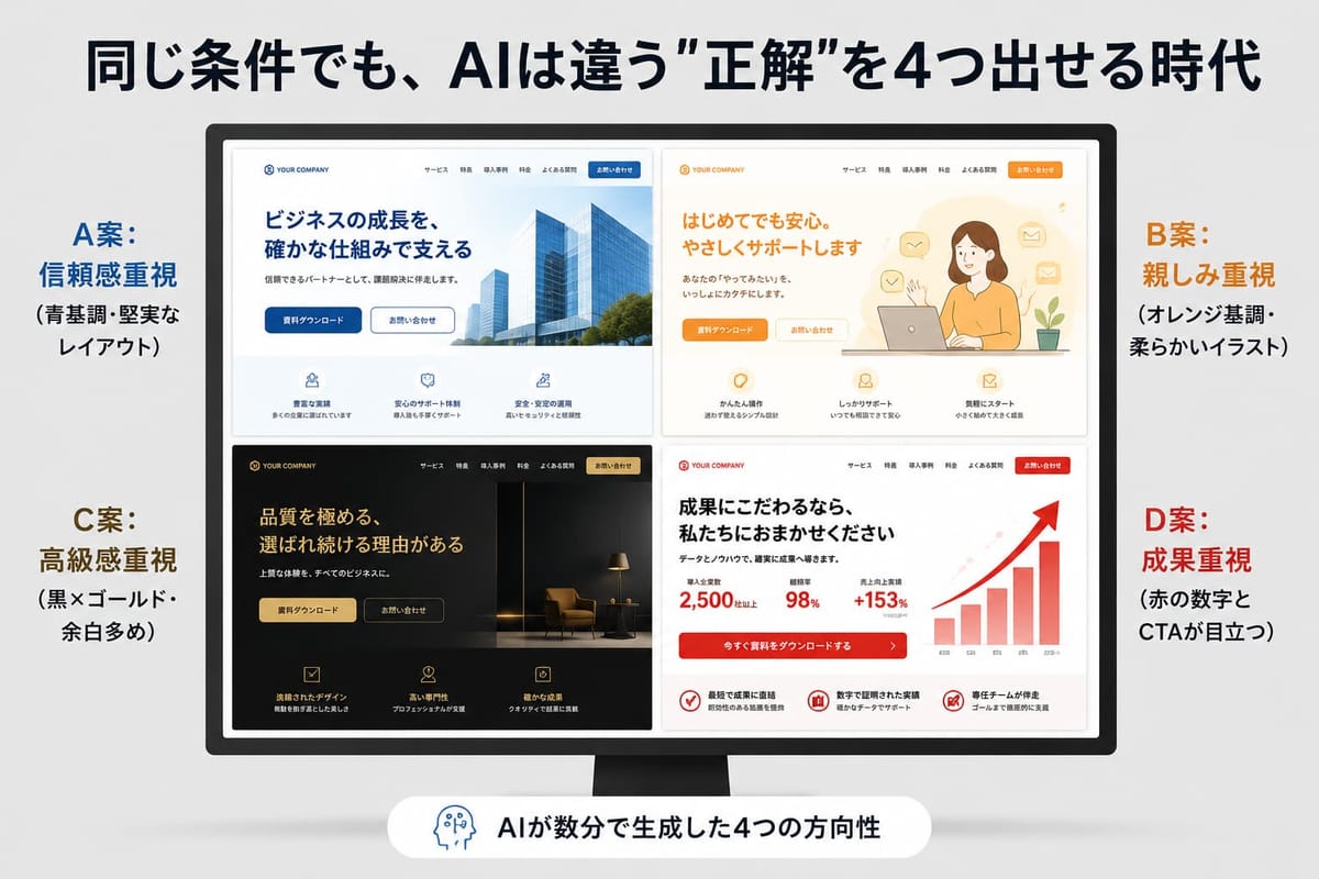 「同じ条件でも、AIは違う"正解"を4つ出せる時代」。AIが数分で生成した4つのデザイン案（A案：信頼感重視、B案：親しみ重視、C案：高級感重視、D案：成果重視）